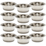 Set of stainless steel pet bowls, multiple round bowls arranged in a grid