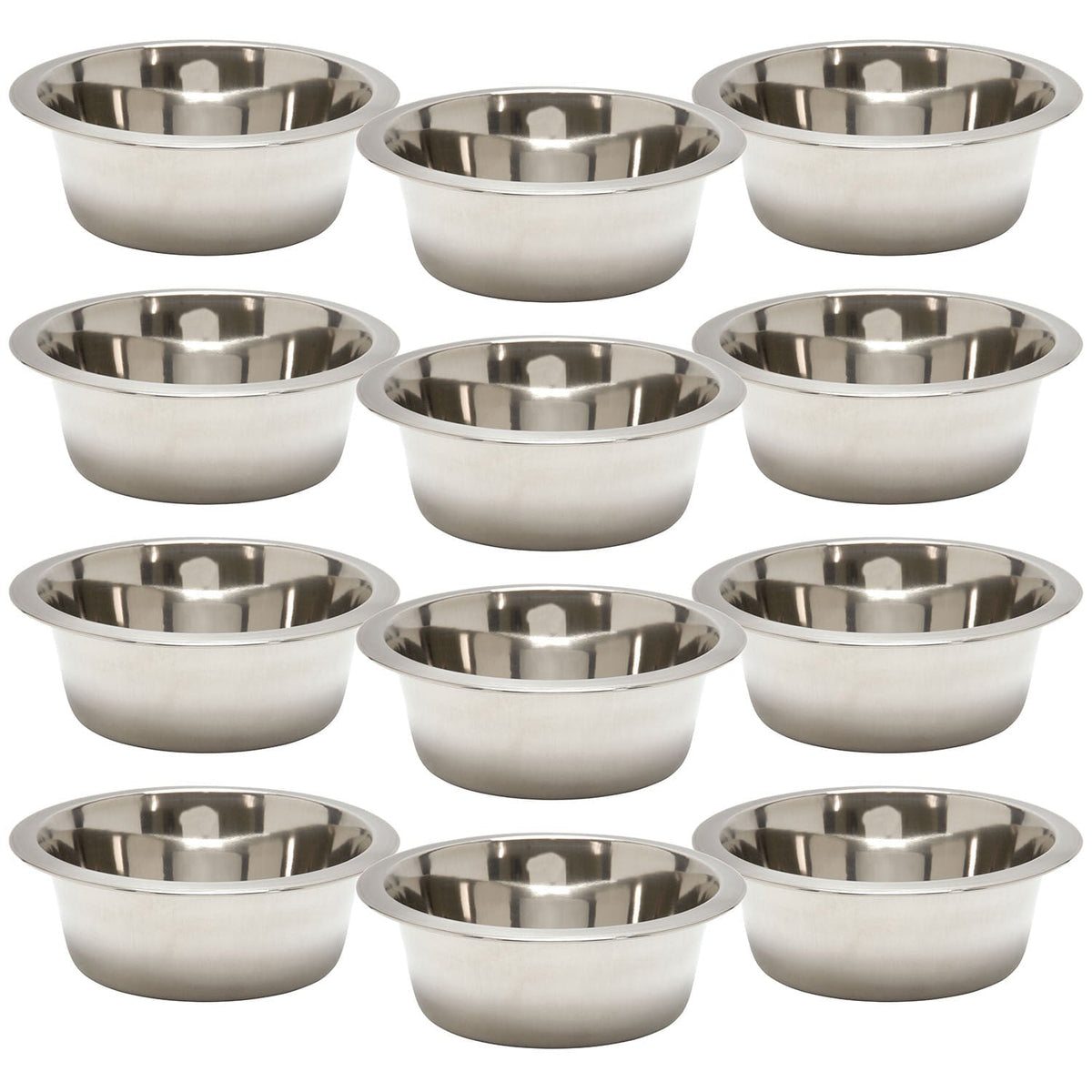 Set of stainless steel pet bowls, multiple round bowls arranged in a grid