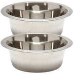 Two stainless steel pet bowls, front view with open rims and reflective interiors