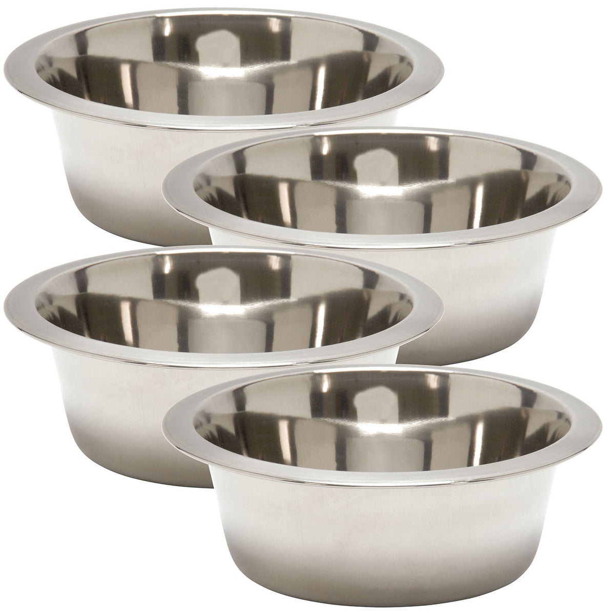 Pack of stainless steel pet bowls, four nested bowls with reflective interiors