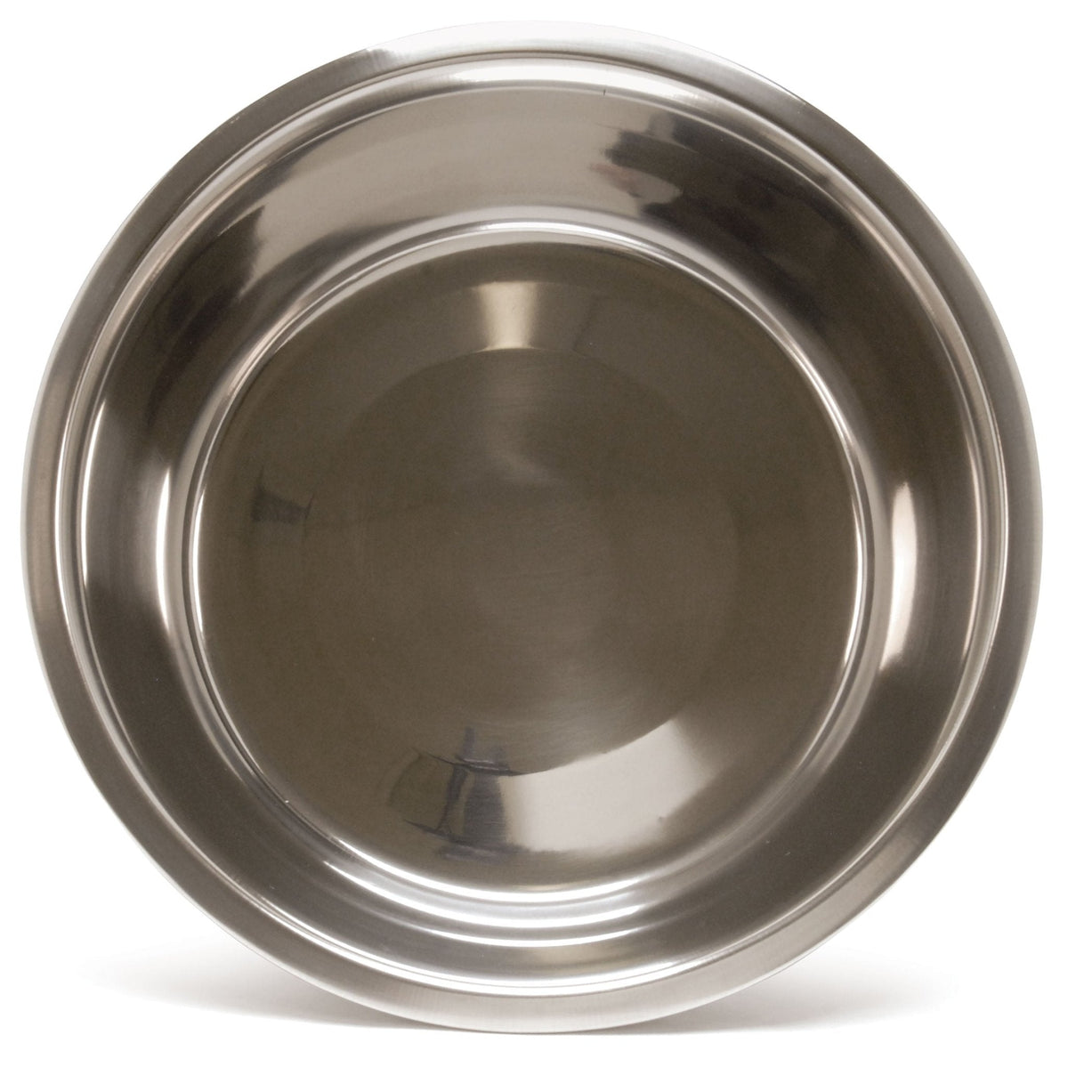 Stainless steel pet food and water bowl, interior view of empty round basin.