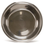 Stainless steel pet food and water bowl, interior view of empty round basin.