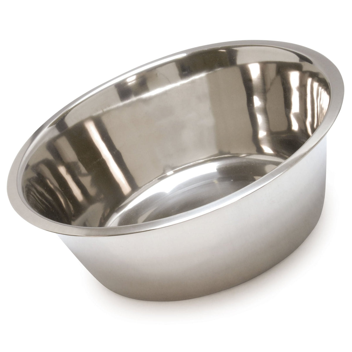 Stainless steel pet food and water bowl, angled view showing inner lip and depth.