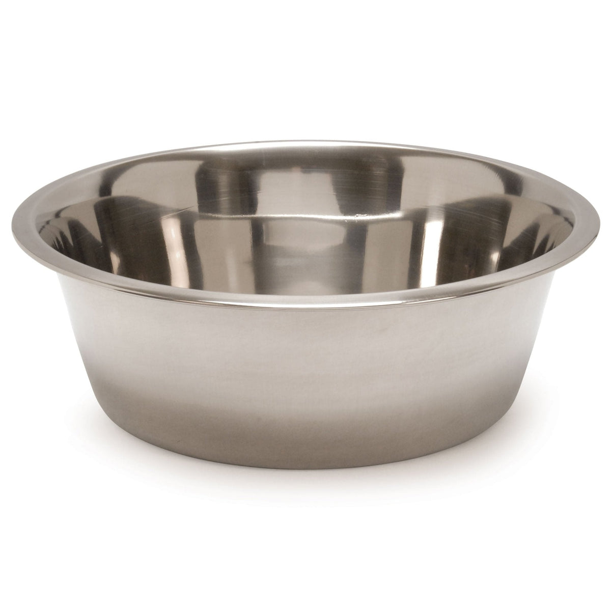 Stainless steel pet food and water bowl, wide front view with reflective top.