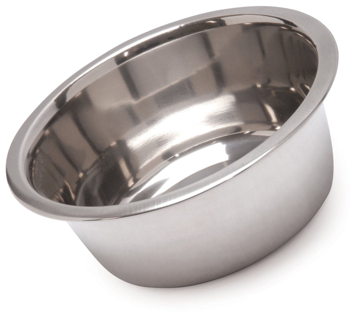 Stainless steel pet bowl shown from the side, smooth rim and glossy finish