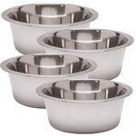 Stainless steel pet food and water bowls, four bowls stacked at slight angles