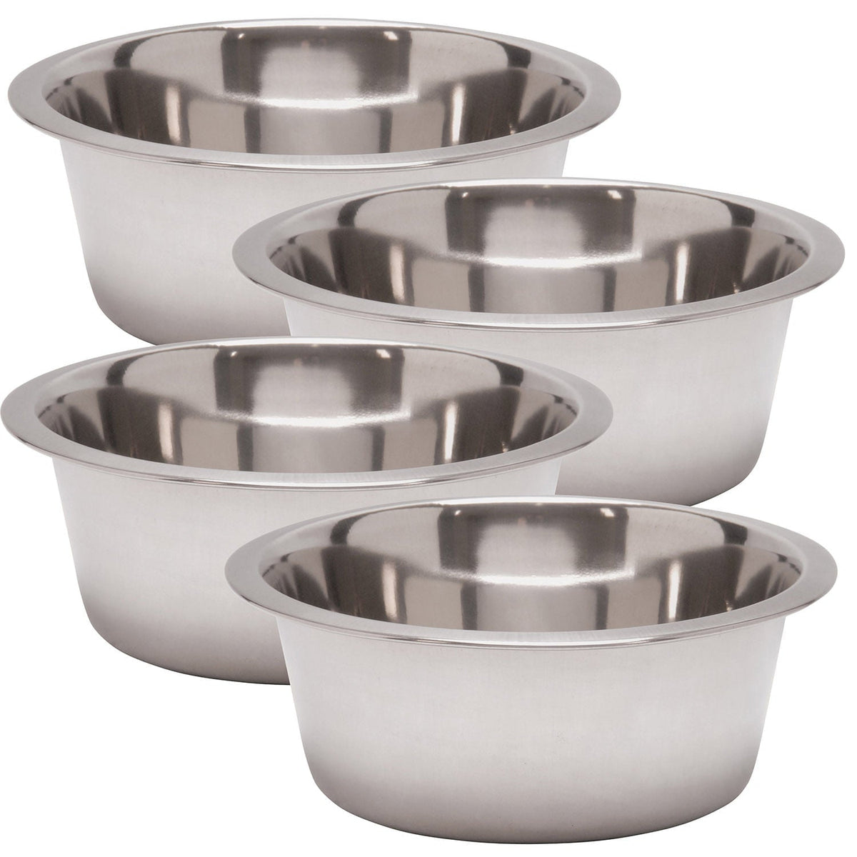 Stainless steel pet food and water bowls, four bowls stacked at slight angles