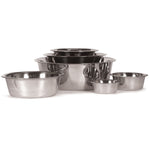 Stainless steel pet food and water bowls set, stacked and nested for storage