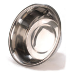 Stainless steel pet bowl underside view with circular base and reflective edge