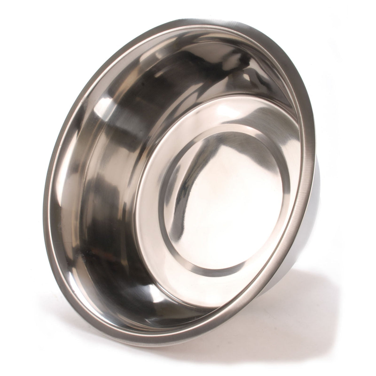 Stainless steel pet bowl underside view with circular base and reflective edge
