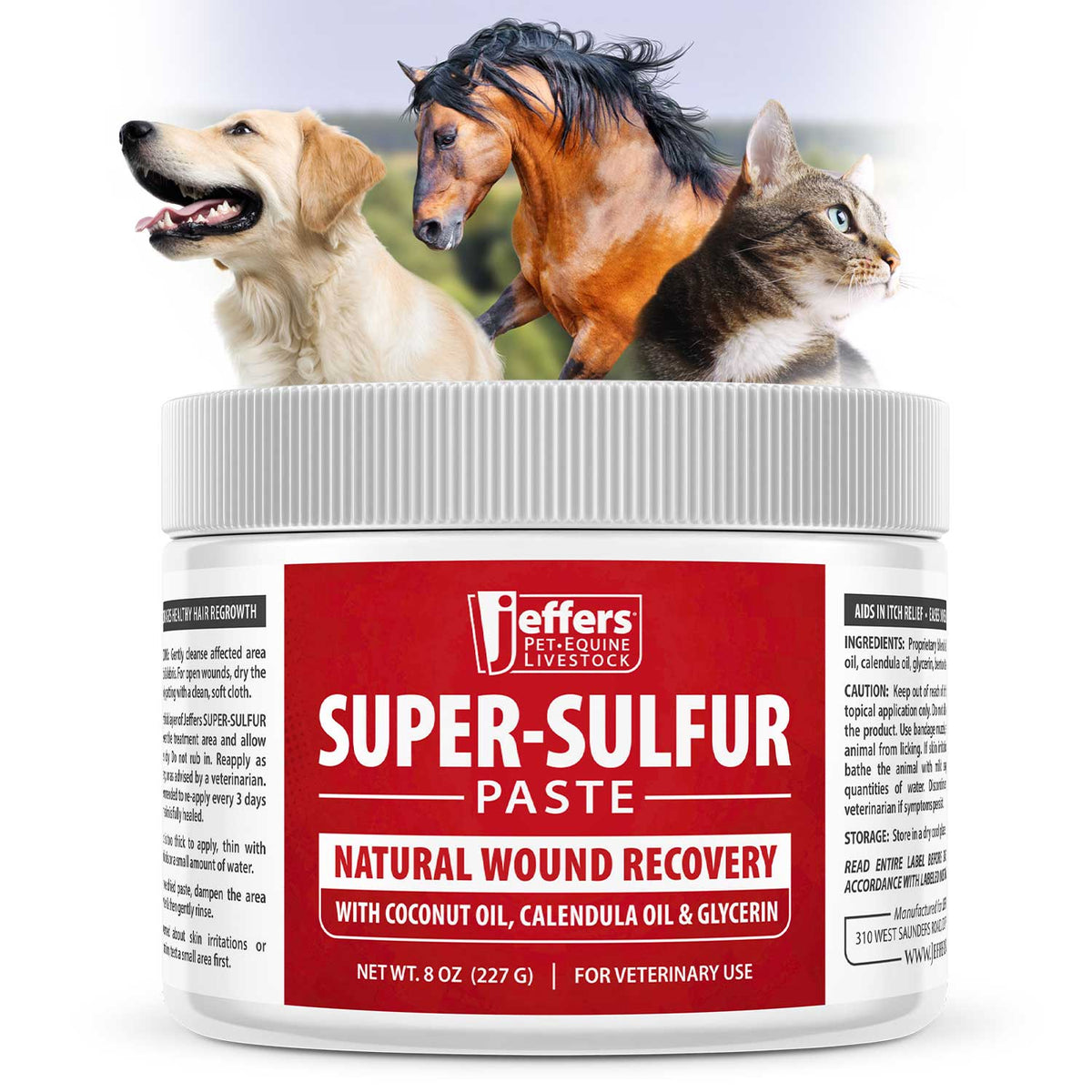 Super-Sulfur Paste wound recovery container with ribbed white lid, red label