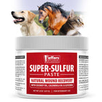 Super-Sulfur Paste wound recovery container with ribbed white lid, red label