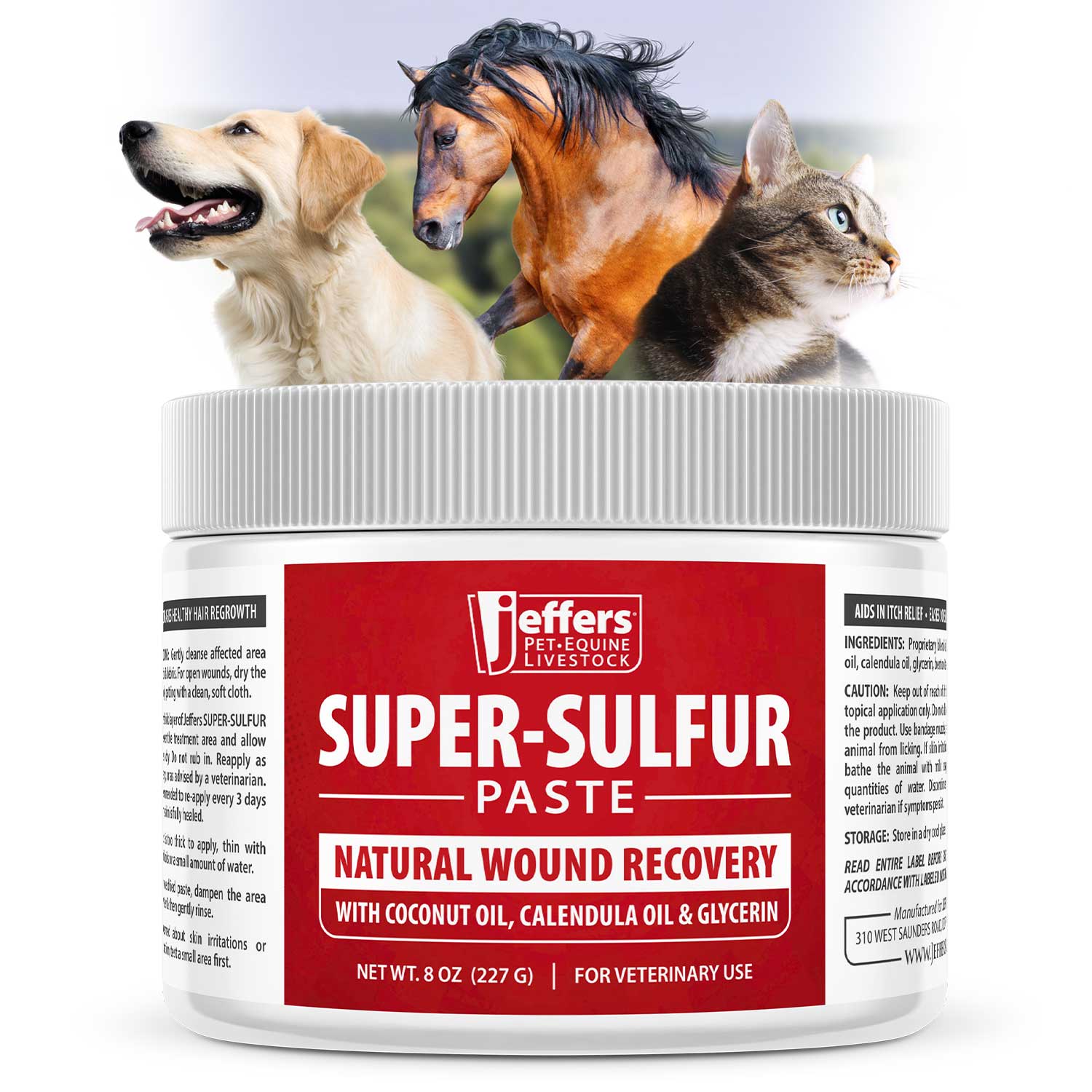 Super-Sulfur Paste wound recovery container with ribbed white lid, red label