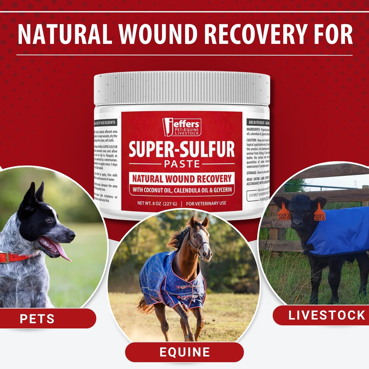 Super-Sulfur Paste jar with natural wound recovery red label and ribbed lid
