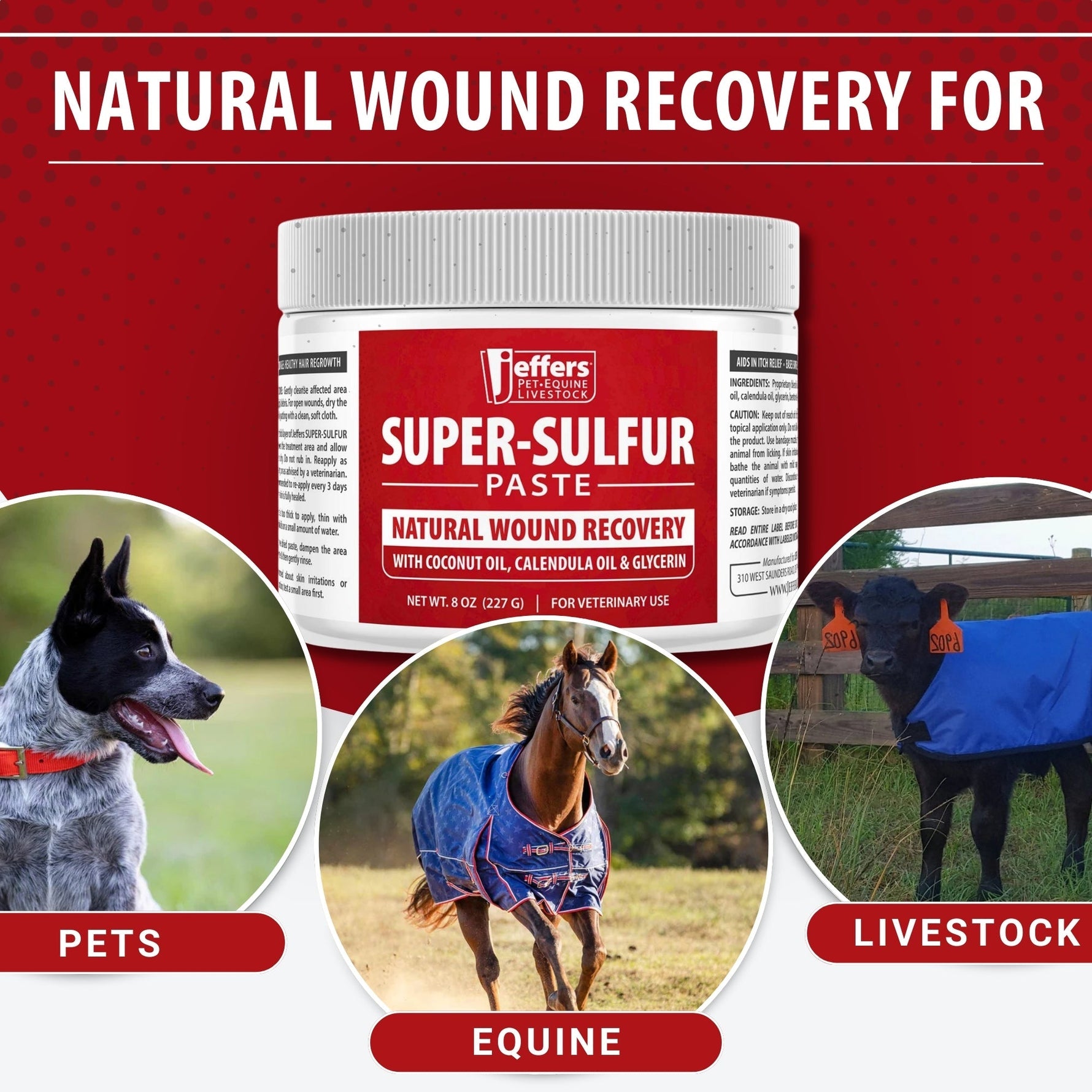 Super-Sulfur Paste jar with natural wound recovery red label and ribbed lid