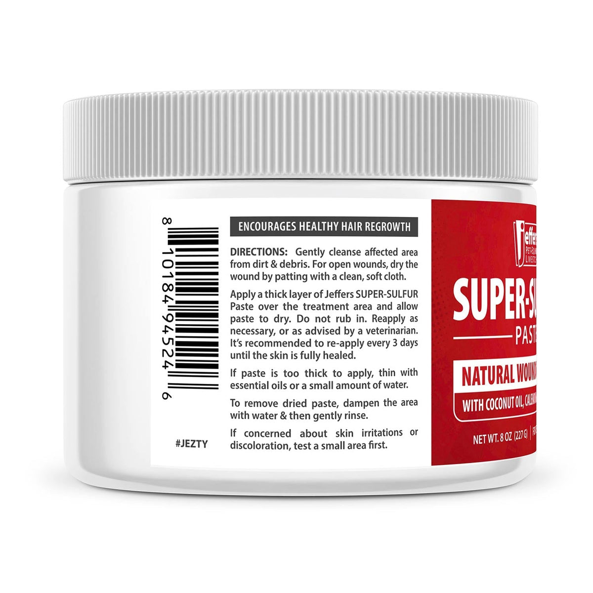 Super-Sulfur Paste jar angled view with red side label and ribbed lid