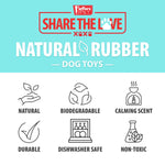 Natural rubber dog toy feature icons on packaging panel