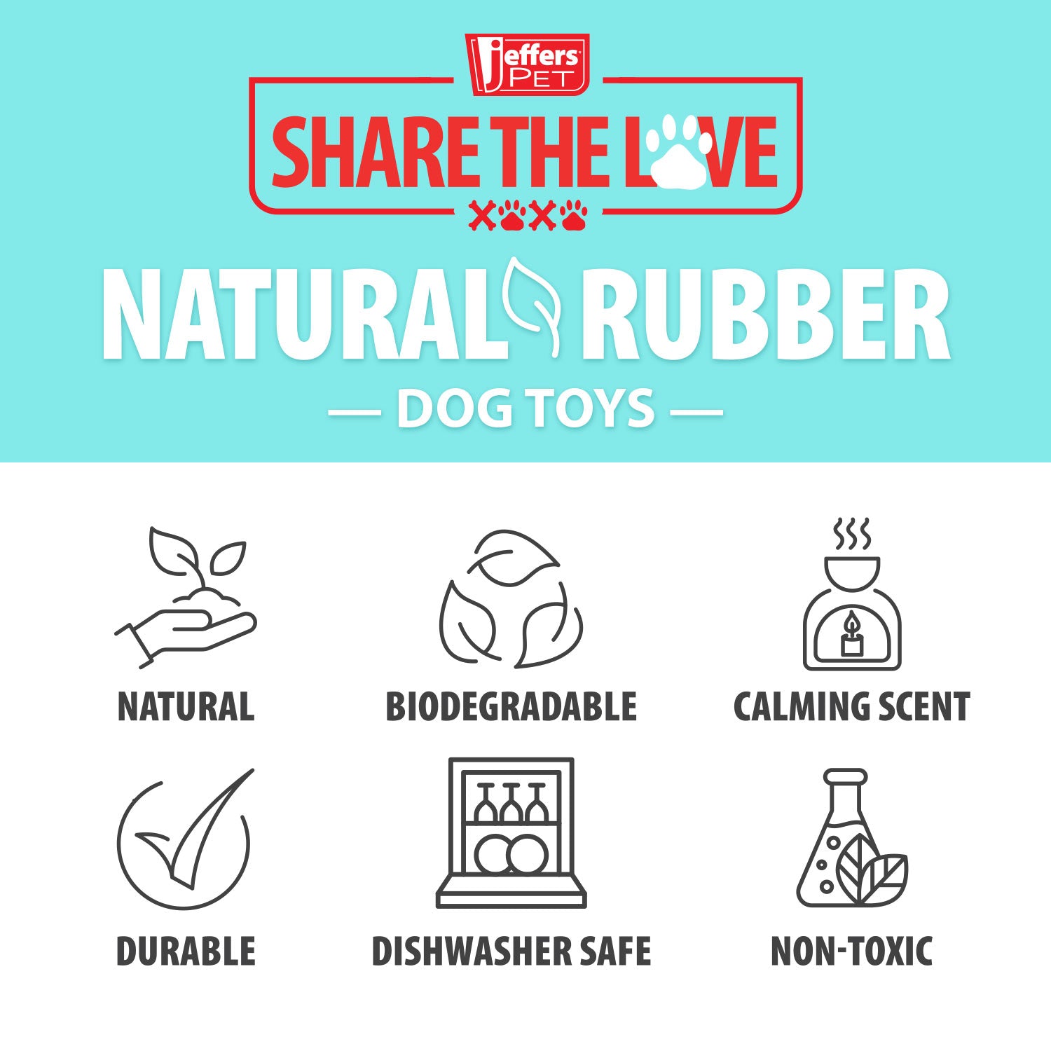 Natural rubber dog toy feature icons: natural, biodegradable, calming scent, non-toxic
