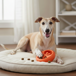 Tomato-shaped treat-dispensing natural rubber dog chew toy, red-orange with star opening