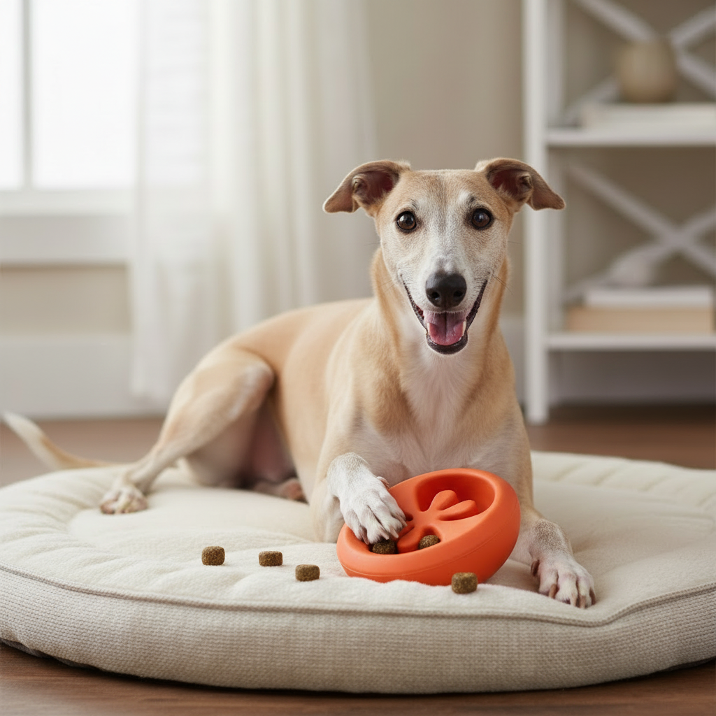 Tomato-shaped treat-dispensing natural rubber dog chew toy, red-orange with star opening