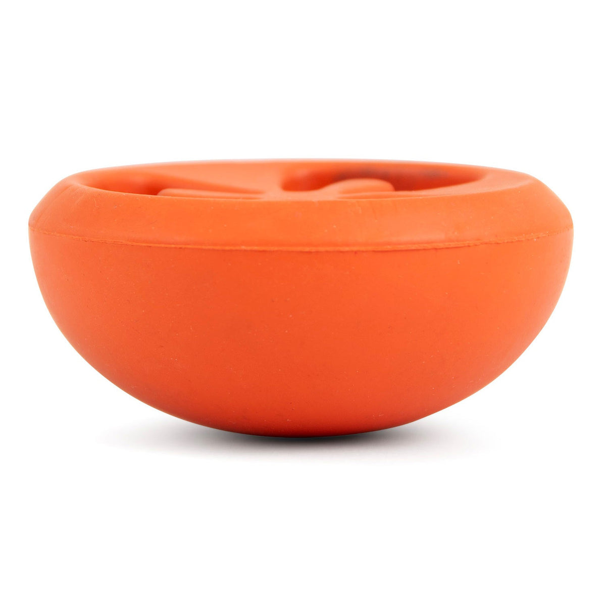 Red tomato-shaped natural rubber dog treat dispensing chew toy, top opening