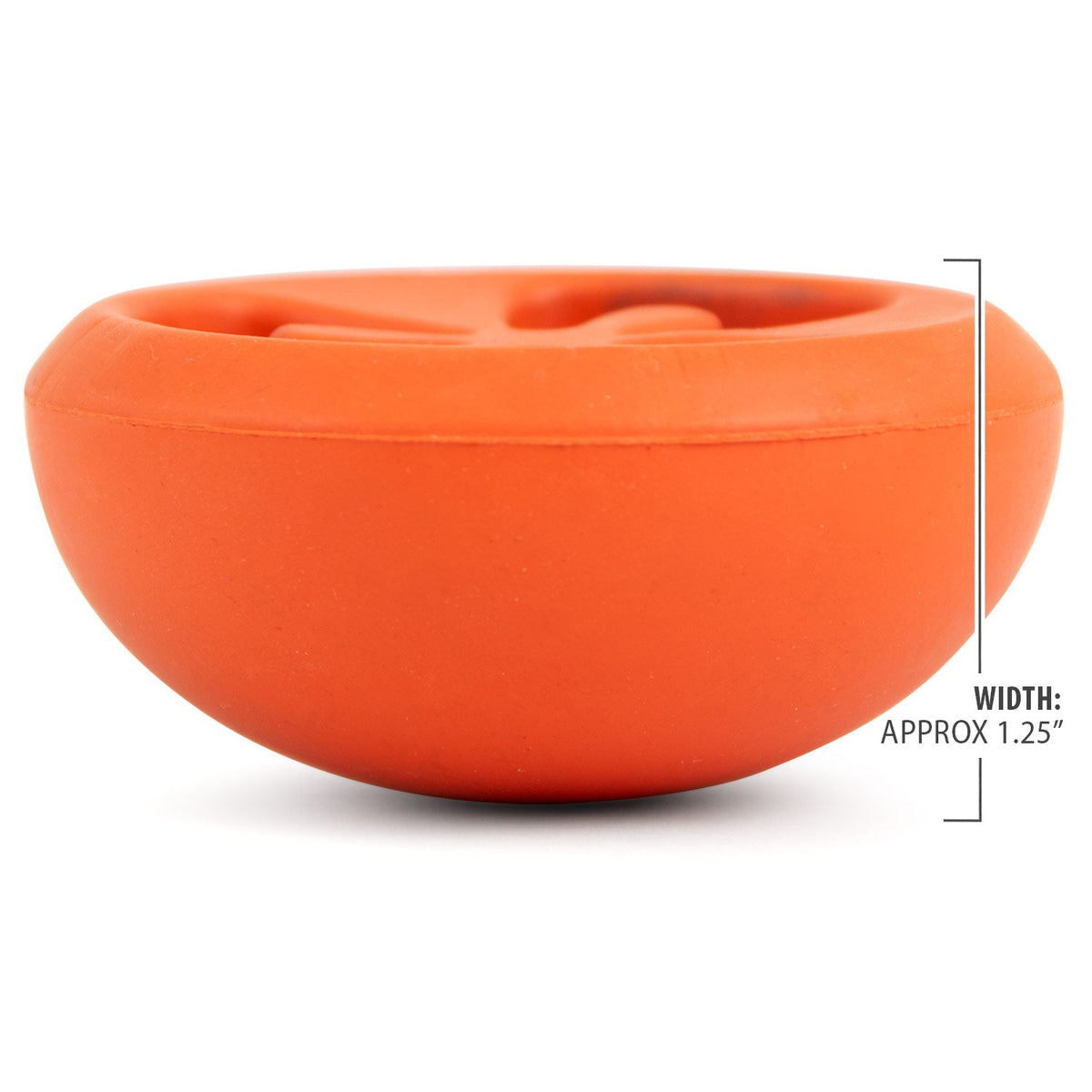 Red tomato-shaped natural rubber dog chew toy with open treat chamber