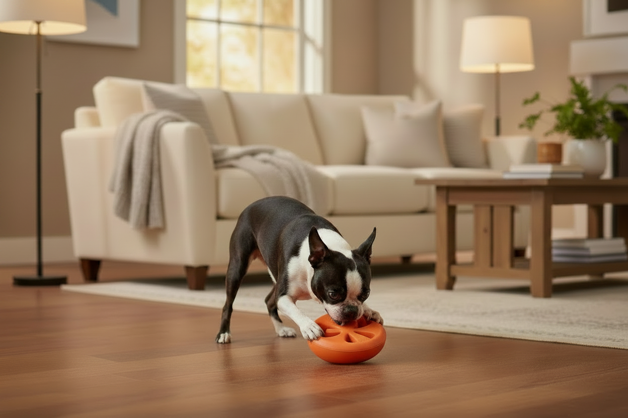 Dog playing with orange-red tomato-shaped natural rubber chew toy with star treat holes