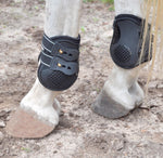 Black fetlock boots with two straps and perforated toe/front guard