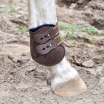 Brown fetlock boot with two straps, snap buttons, and perforated front