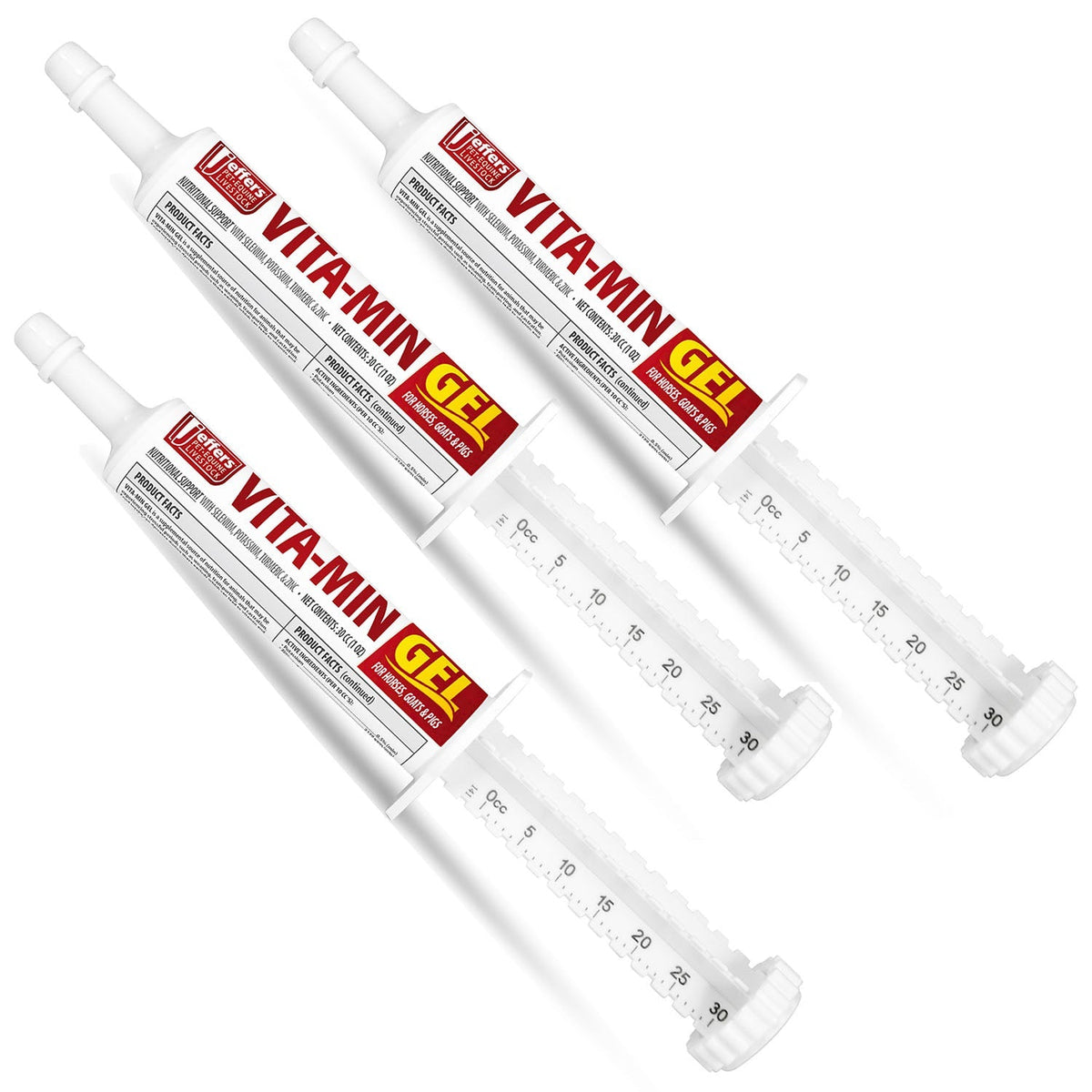 Three Jeffers VITA-MIN GEL syringe-style vitamin gel tubes with dosage markings