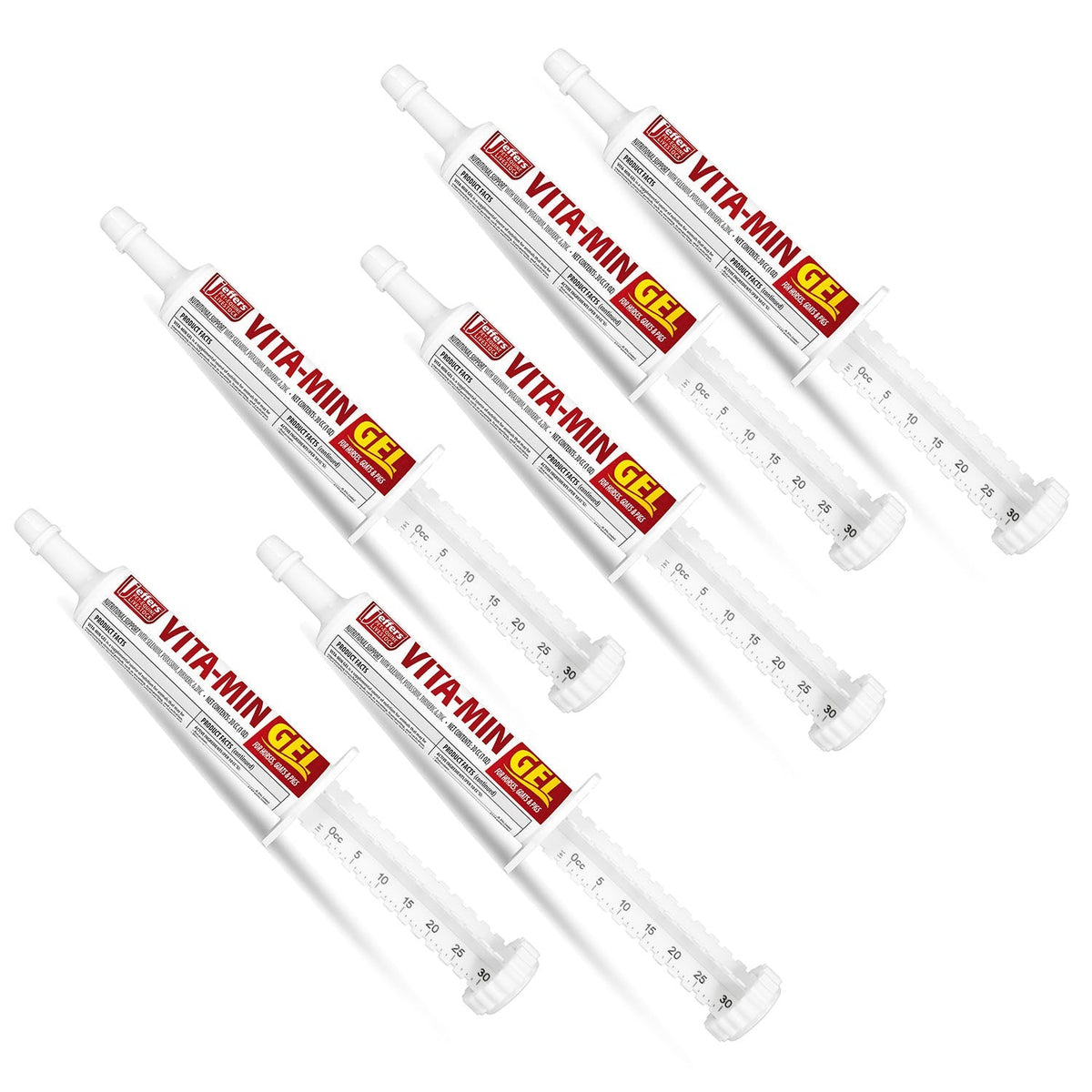 Several Jeffers VITA-MIN GEL vitamin gel syringes arranged diagonally