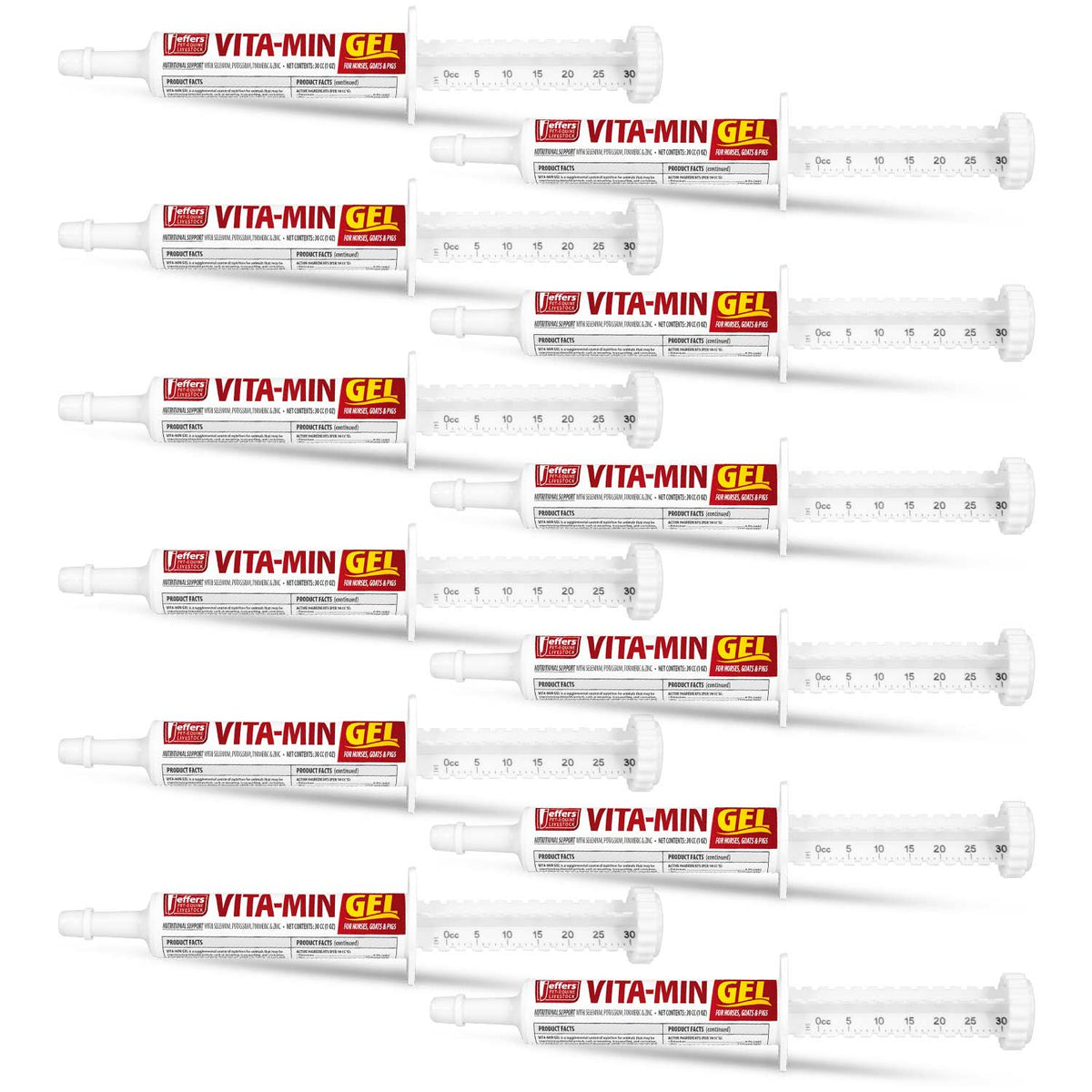 Set of Jeffers VITA-MIN GEL vitamin gel syringes aligned in rows