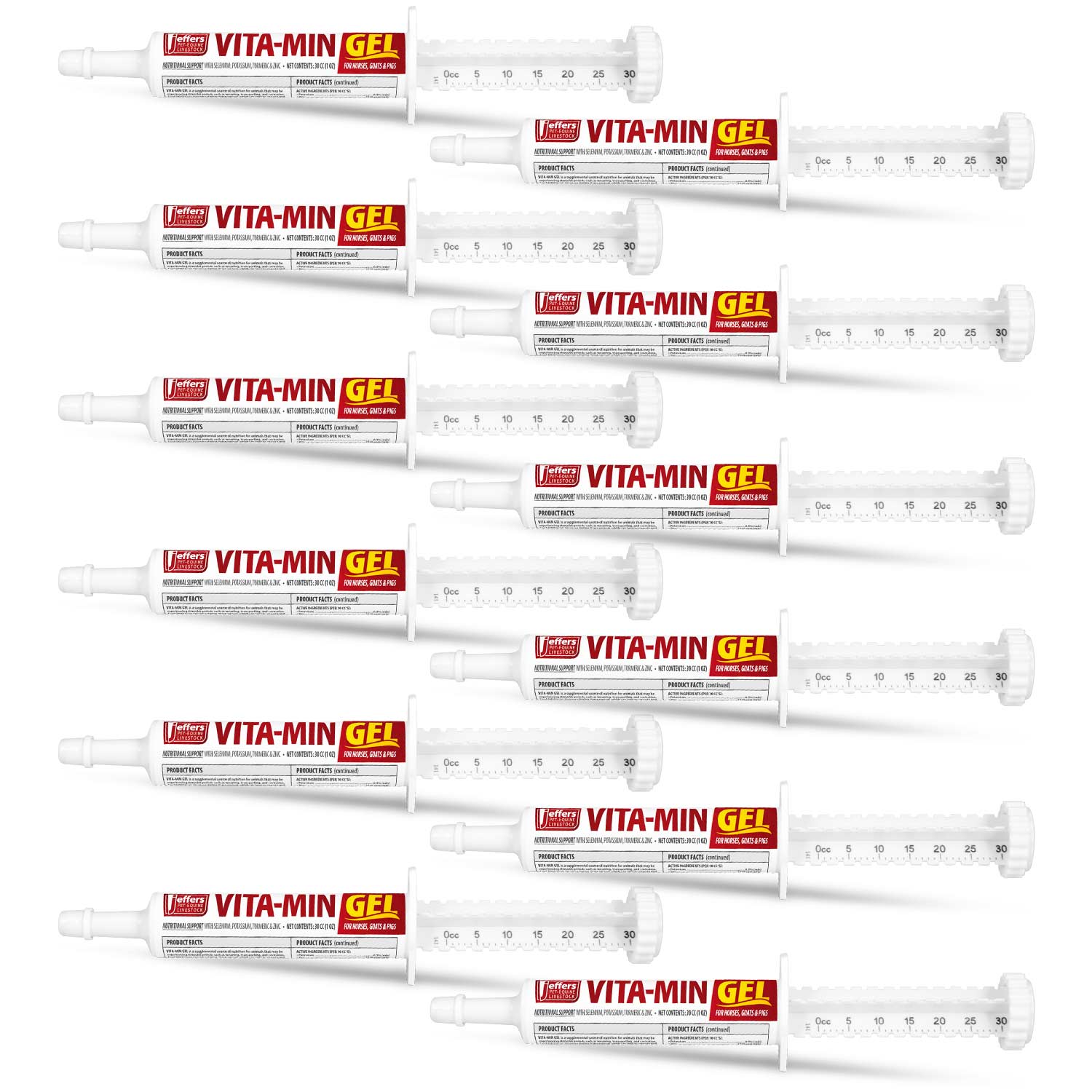 Set of Jeffers VITA-MIN GEL vitamin gel syringes aligned in rows