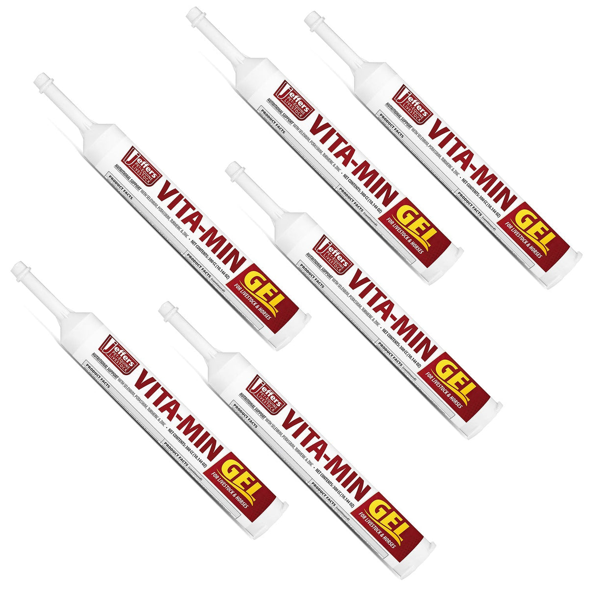 Vita-Min gel syringes with red Jeffers branding and nozzles, white