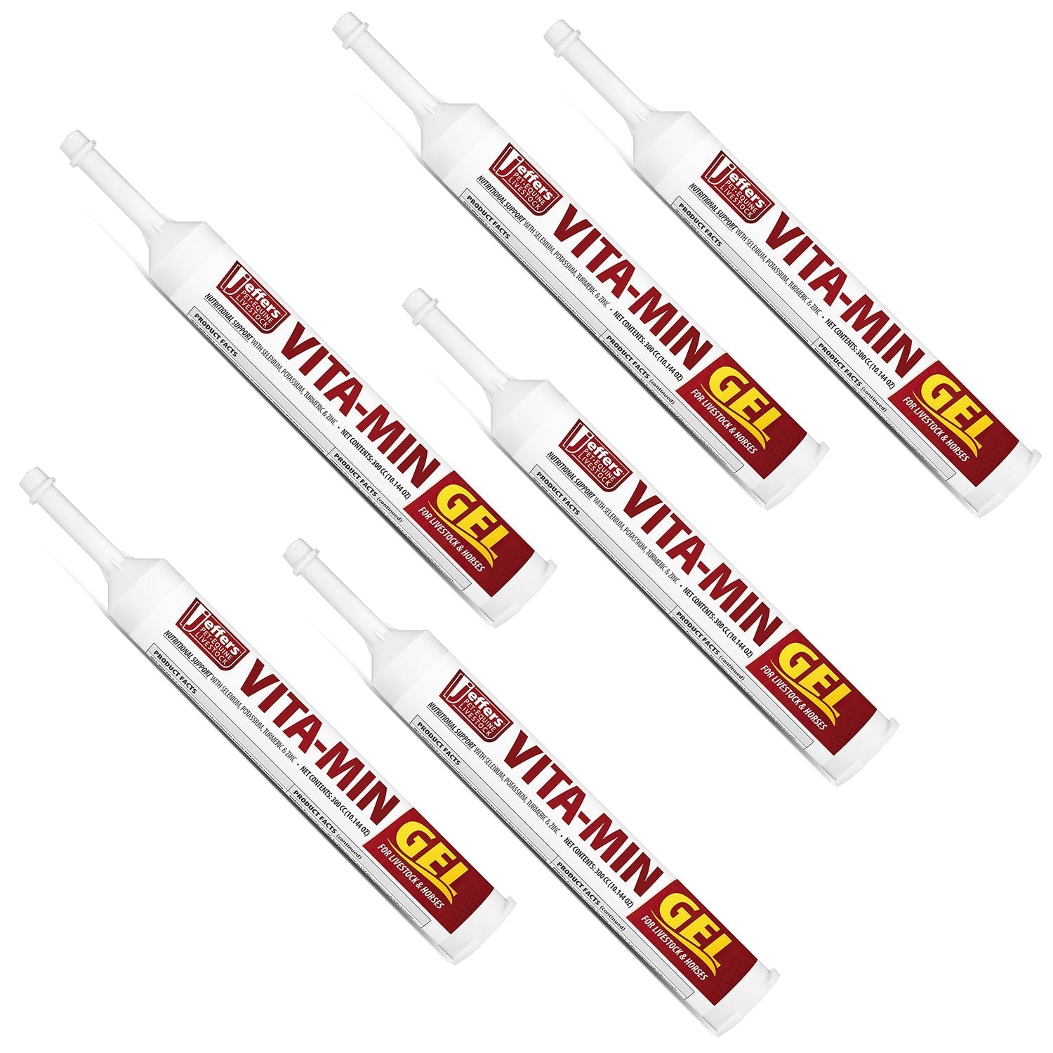 Vita-Min gel syringes with red Jeffers branding and nozzles, white