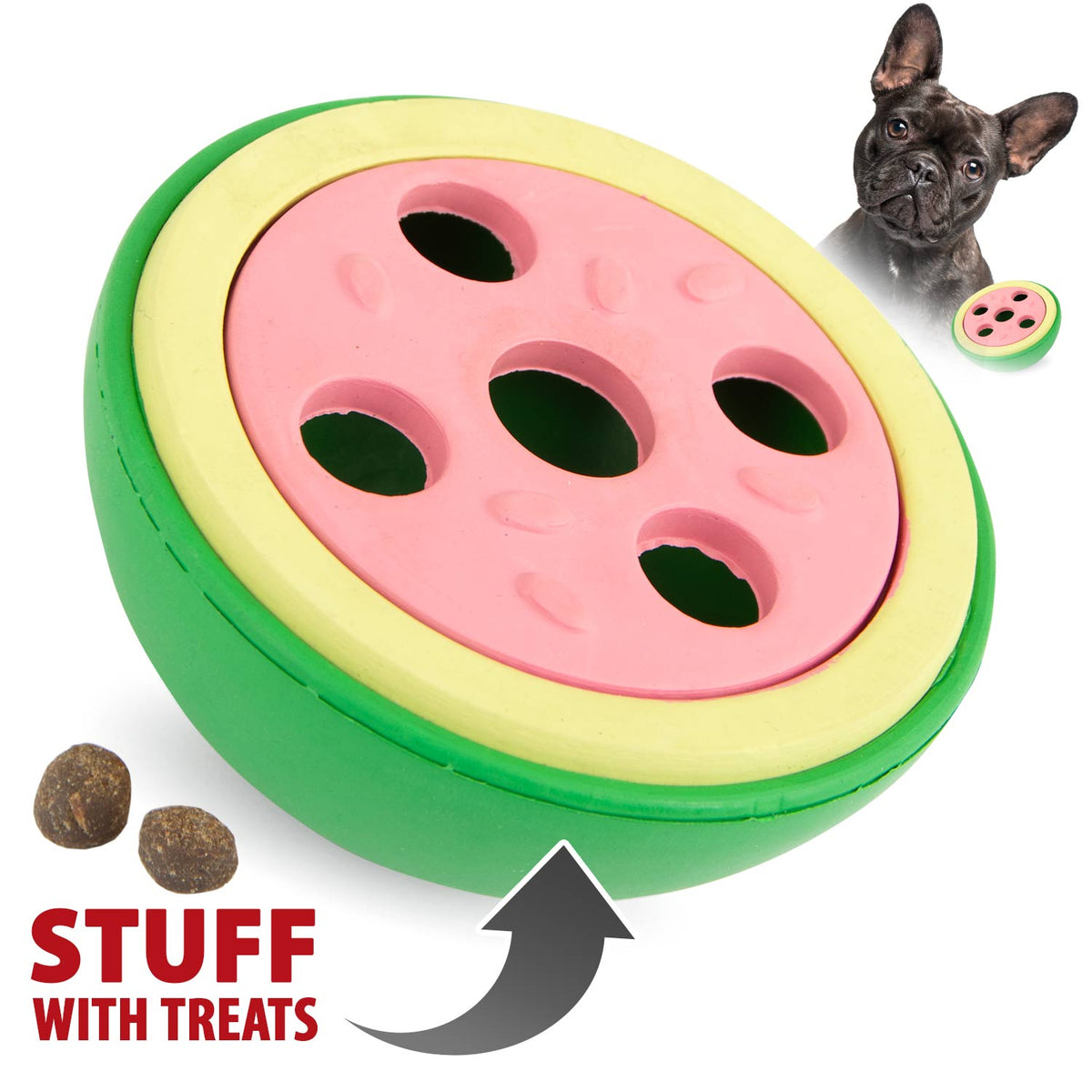 Watermelon-shaped treat-dispensing dog chew toy, green and pink rubber with filling holes