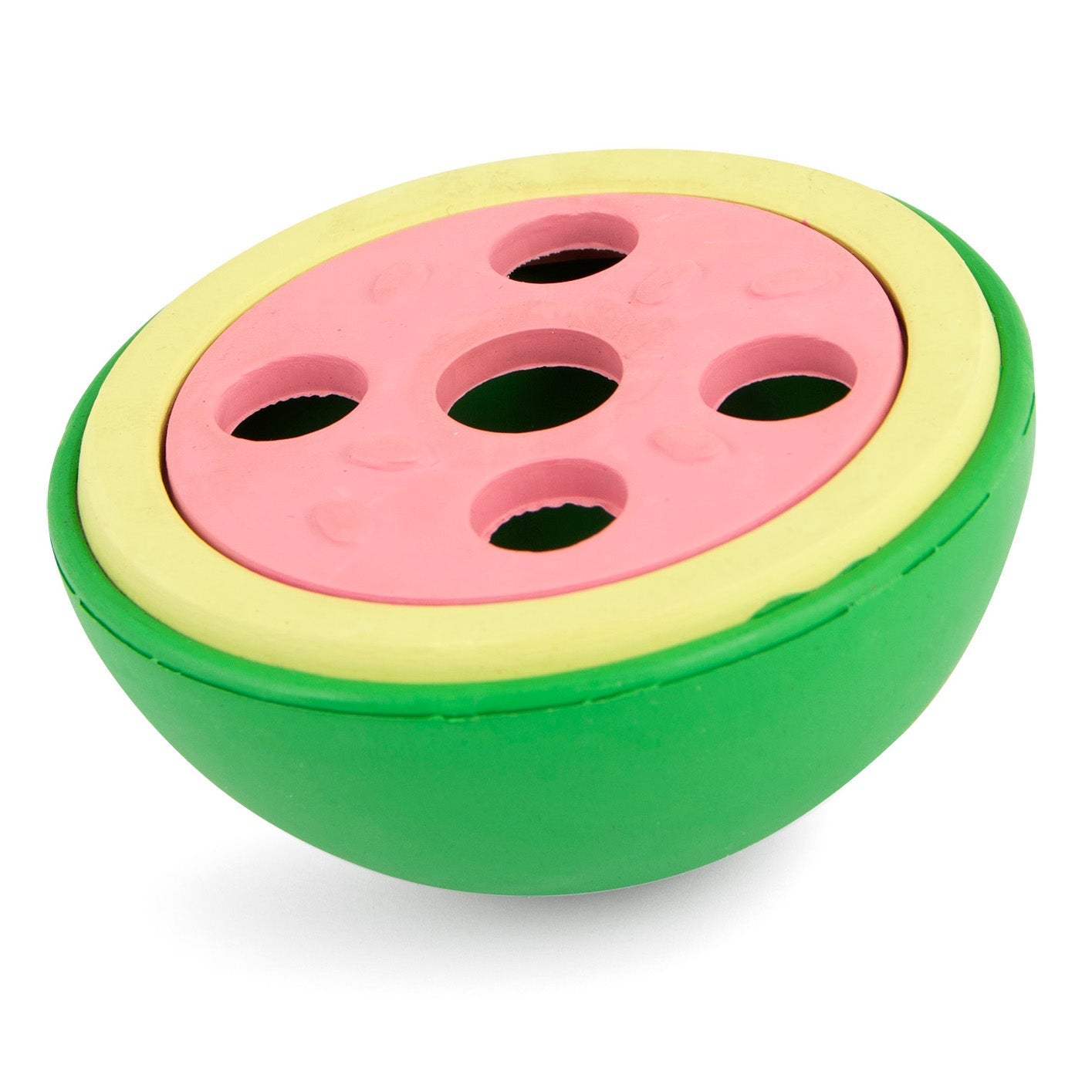 Watermelon-shaped rubber dog chew toy with pink insert and green outer ring