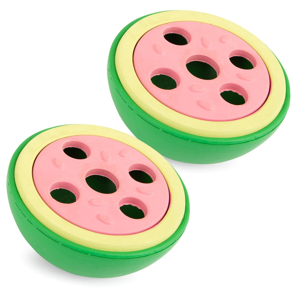 Watermelon-shaped natural rubber treat dispenser dog chew toy with pink slice insert