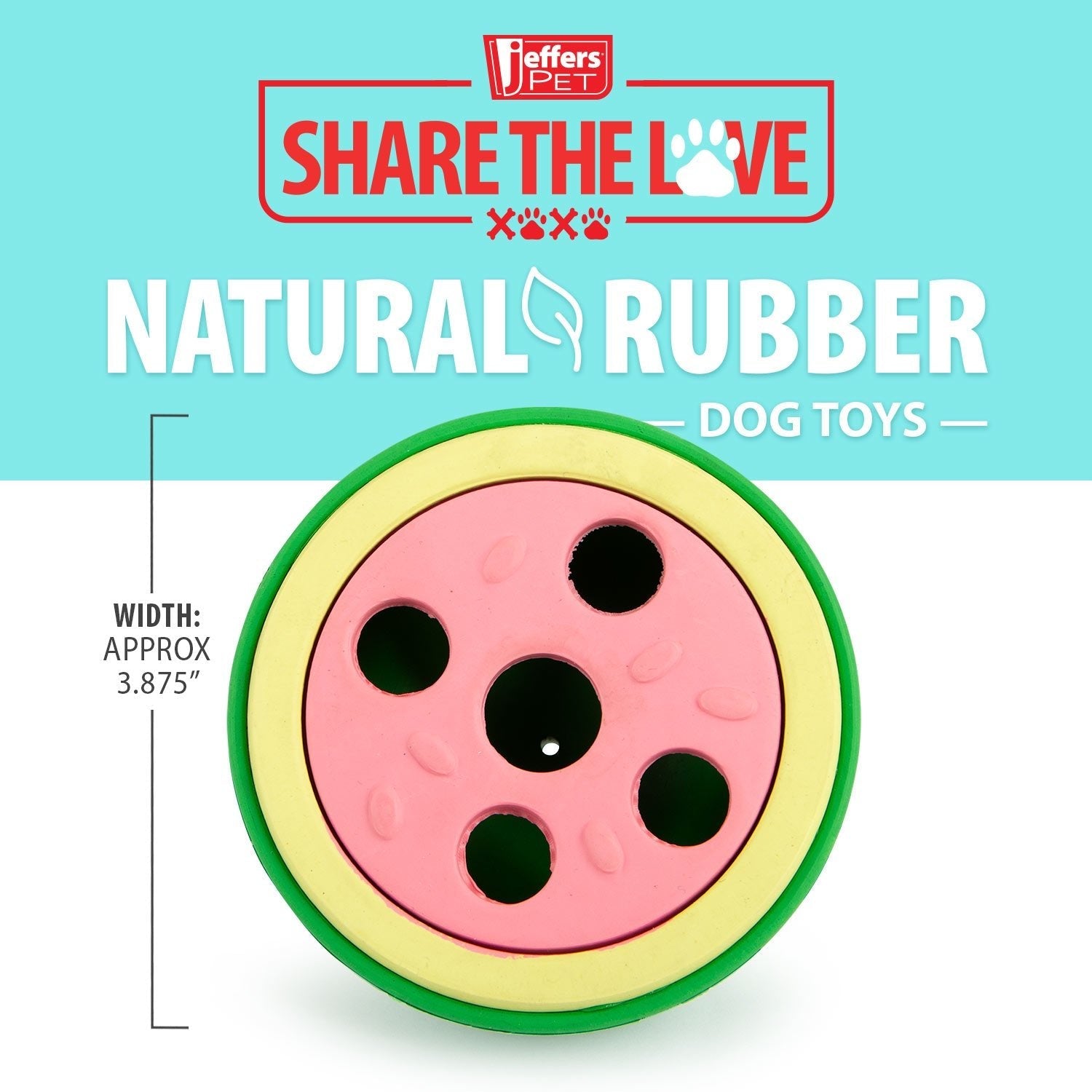 Jeffers natural rubber watermelon dog toy package with circular treat holes
