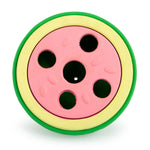 Watermelon rubber treat-dispensing dog chew toy, pink top with five deep holes