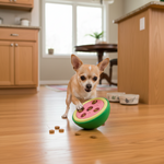 Small dog with watermelon treat-dispensing chew toy; green base and pink hole insert