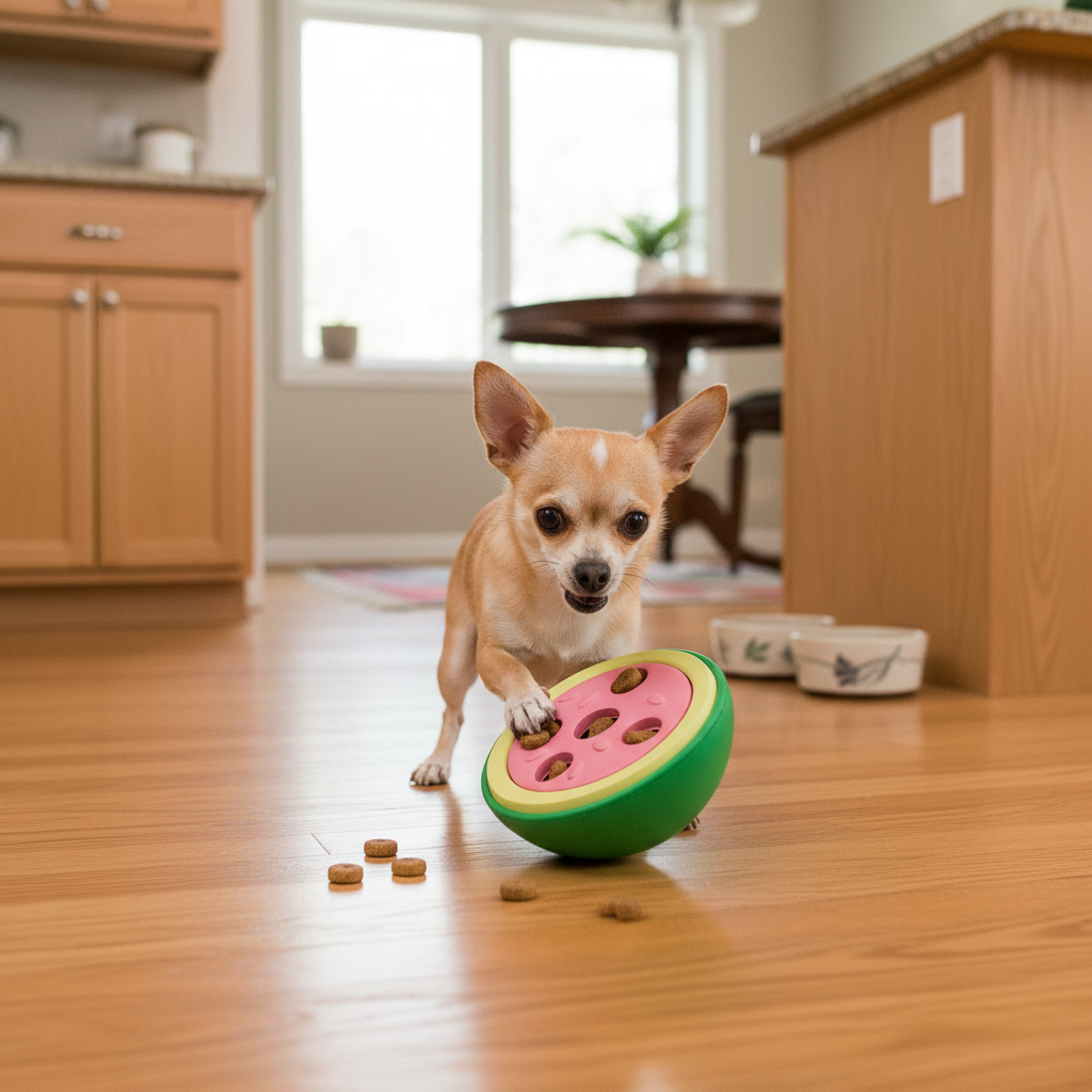 Small dog with watermelon treat-dispensing chew toy; green base and pink hole insert