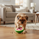 Watermelon treat-dispensing dog chew toy with green base and pink top with bite holes