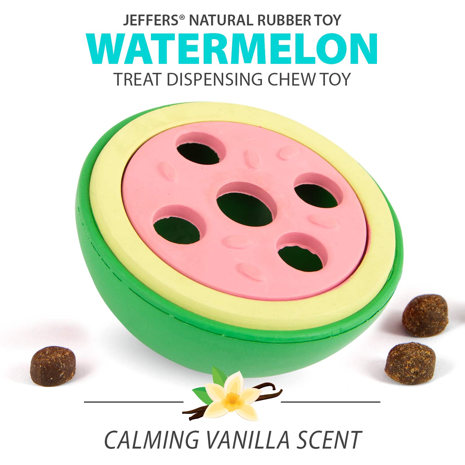 Watermelon treat-dispensing dog chew toy with pink insert and green rubber edge