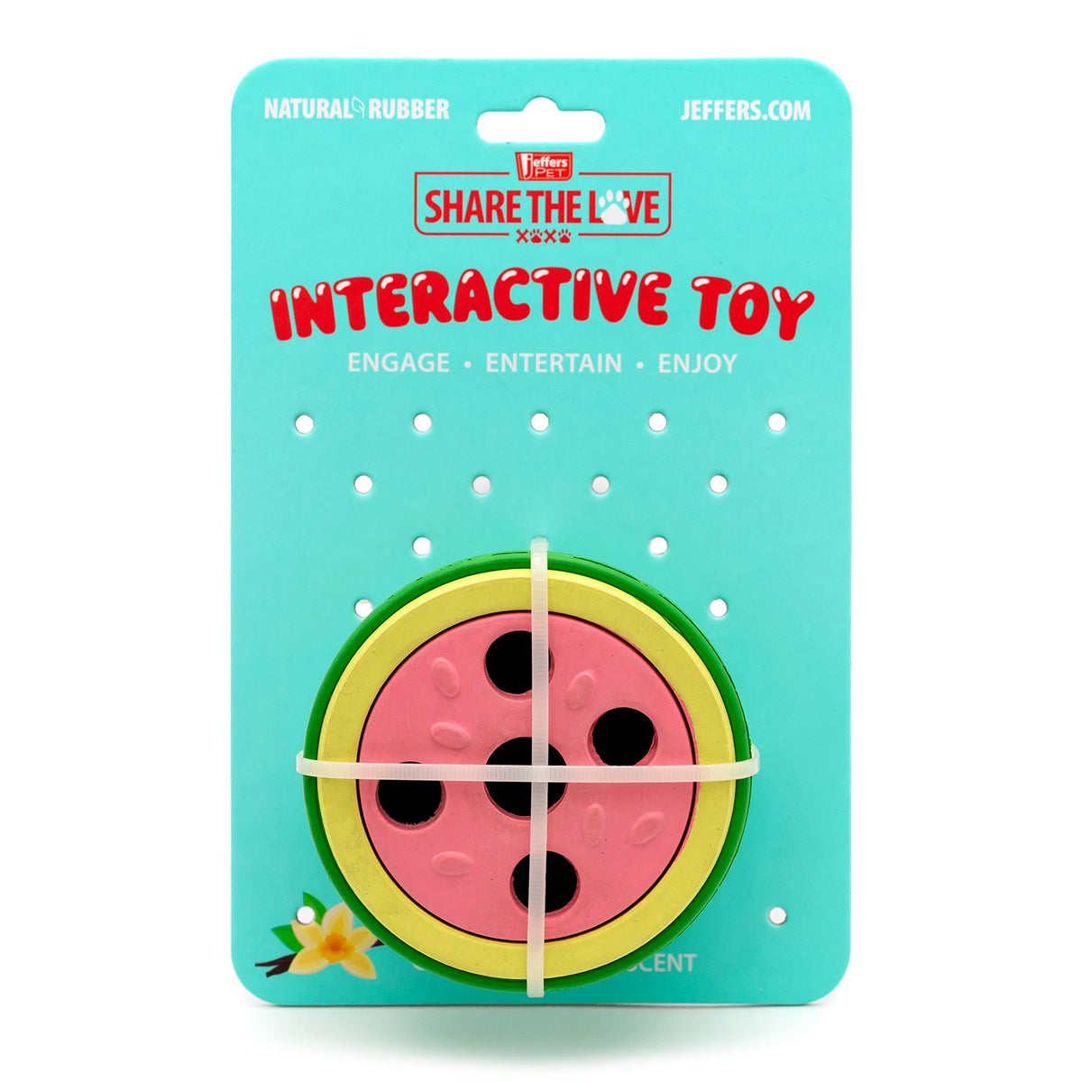 Jeffers interactive watermelon natural rubber dog toy package with pink treat holes