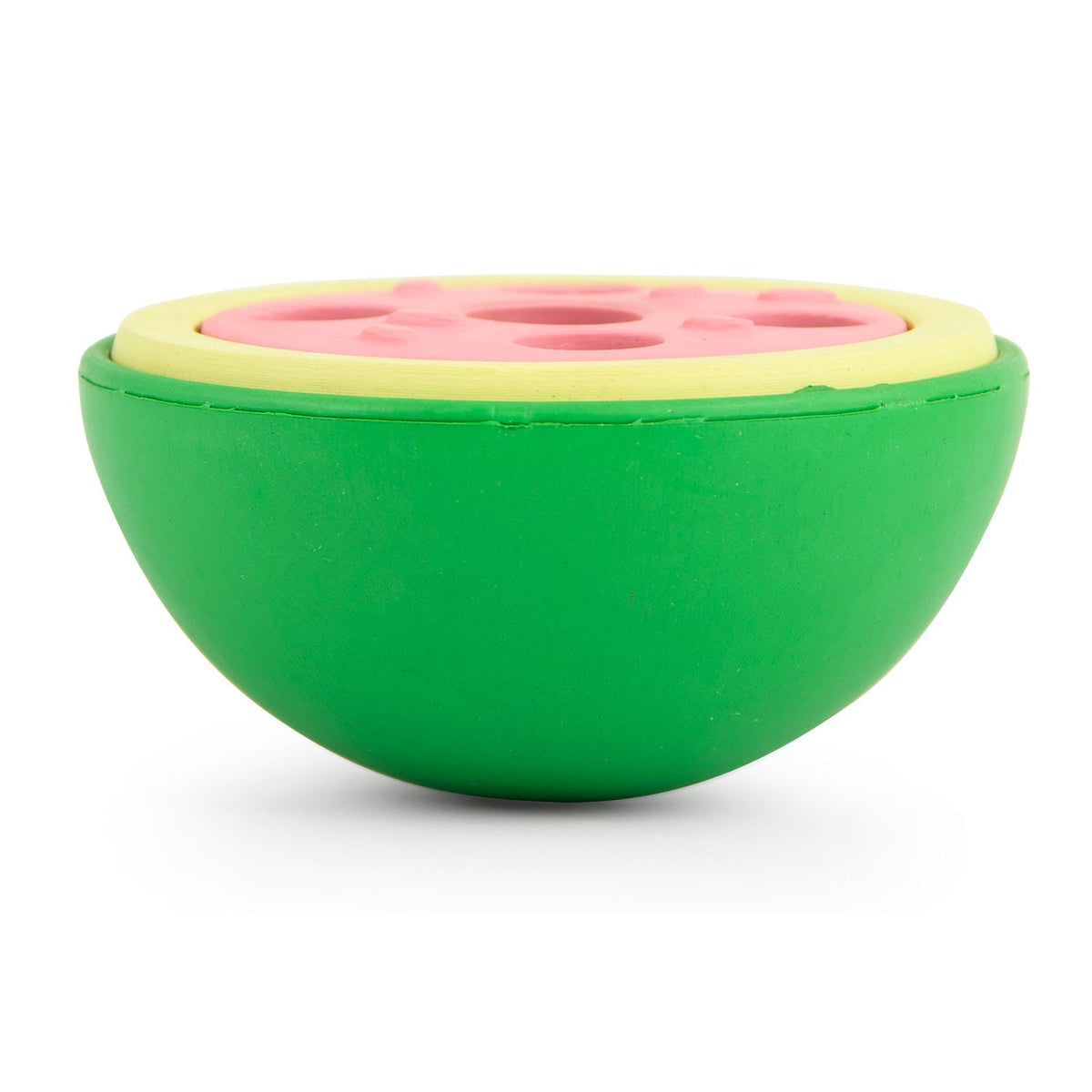 Watermelon-shaped treat-dispensing dog chew toy with green base and pink top insert