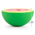 Watermelon-shaped rubber treat-dispensing dog chew toy with green base and yellow rim
