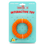 Orange wavy ring natural rubber dog chew toy on blister card