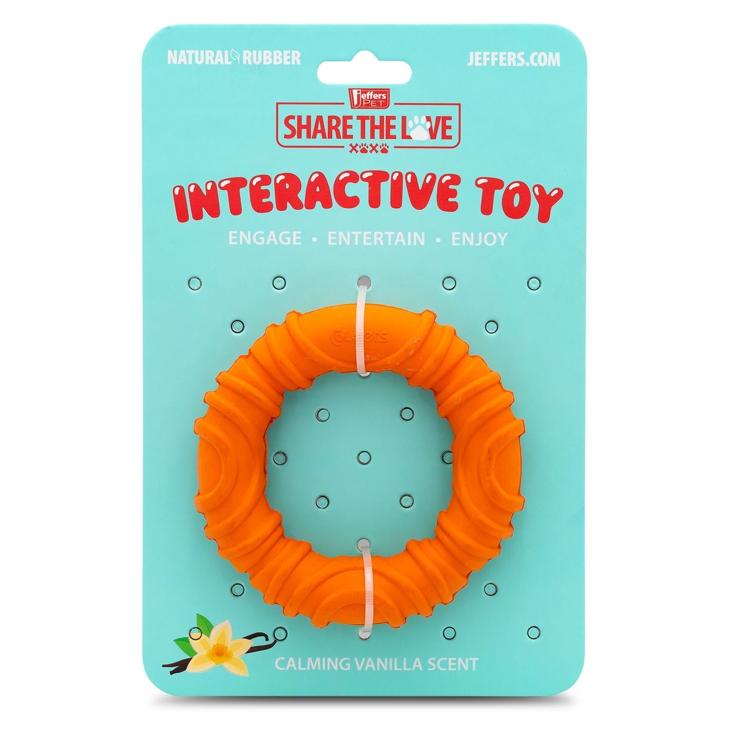Orange wavy ring natural rubber dog chew toy on blister card
