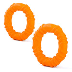 Set of two orange wavy ring natural rubber dog chew toys